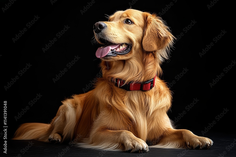 Happy Golden Retriever dog sitting with red collar, tongue out, side view on black background, high-resolution. Happy Golden Retriever dog sitting with red collar, tongue out, side view on black background, high-resolution.