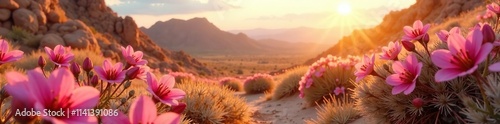 Pink flowers blooming in a desert garden with sunburs nearby, wildlife, pink photo