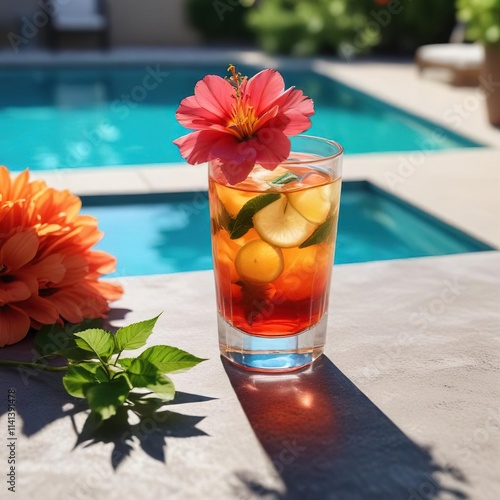 Poolside with an ap?ritif drink in a colorful glass next to a blooming flower, refreshing, summer, fun photo