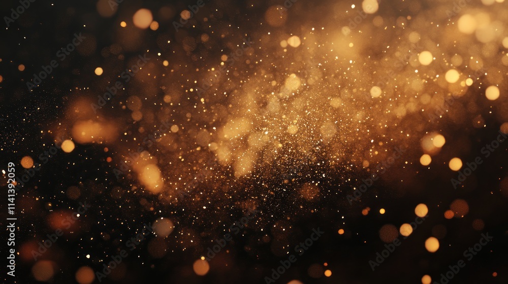 Golden particles scatter in dark space with bokeh. Golden particles scatter in dark space with bokeh.