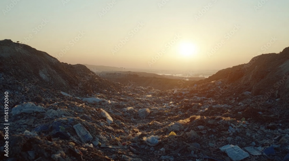 Obraz premium Wide Shot of Landfill at Sunset with Heaps of Waste and Debris