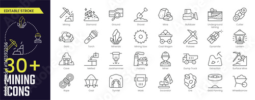 Mining Stroke icon collections. Containing Mining, Diamond, Ground, Shovel, Mine, Bulldozer, Gold, Torch, Mining Saw and Minerals icons. Editable Stroke icon collection Outline icon