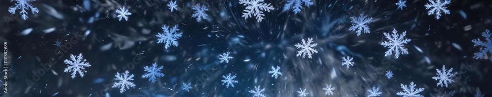 A swirling vortex of blue and white snowflakes in mid-air, icy sparkle, frosty mist, white snow