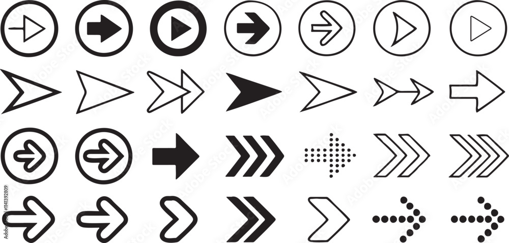 A collection of various arrow icons in black and white. A collection of various arrow icons in black and white.