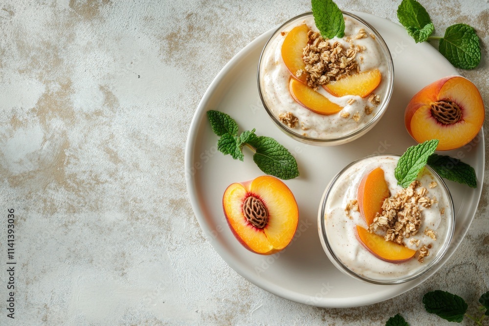 Two peach parfait cups with mint. Two peach parfait cups with mint.