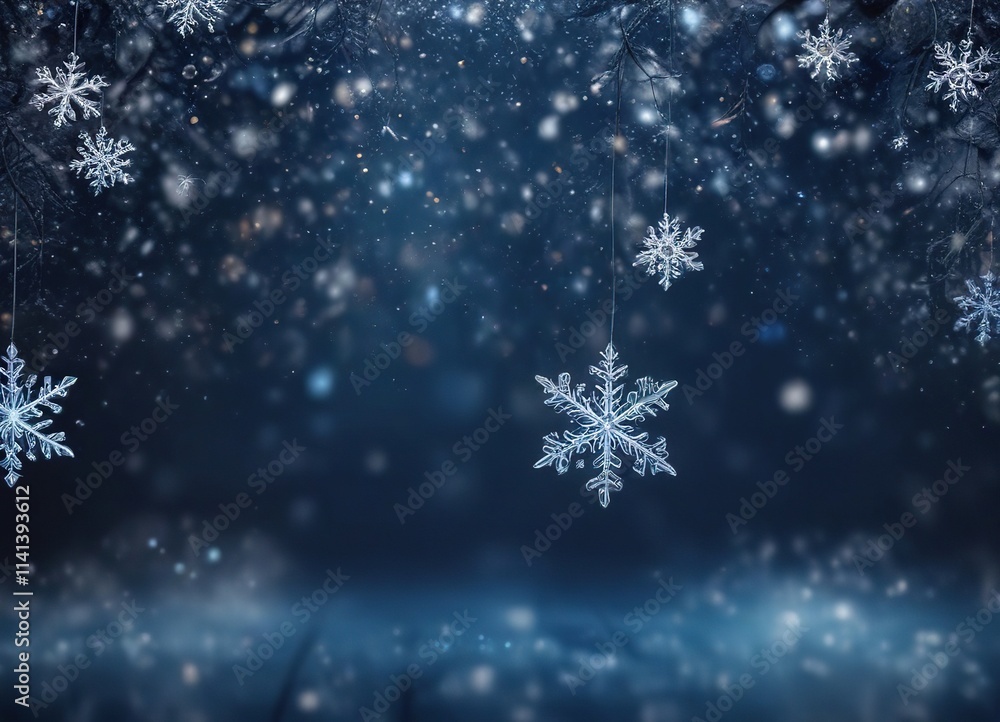 Snowflakes falling onto a dark blue Christmas background with a subtle bokeh effect, icy, abstract Snowflakes falling onto a dark blue Christmas background with a subtle bokeh effect, icy, abstract