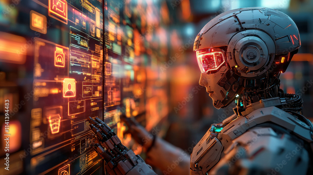 Fototapeta premium humanoid AI robot interacting with digital interface in futuristic environment, showcasing advanced technology and vibrant colors