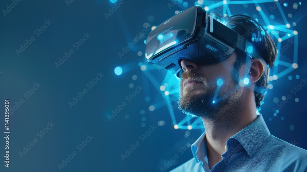 A man wearing a VR headset experiences a virtual environment, surrounded by digital connections and data visualizations. A man wearing a VR headset experiences a virtual environment, surrounded by digital connections and data visualizations.