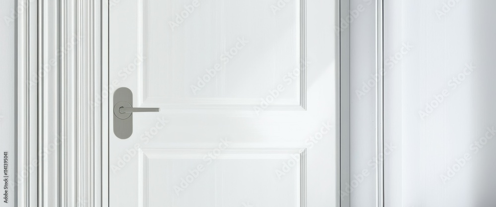 A close-up photograph of a white door with a silver doorknob, taken from a low angle. The door is centered in the frame, and the background is a plain white wall. The lighting is soft and even, castin