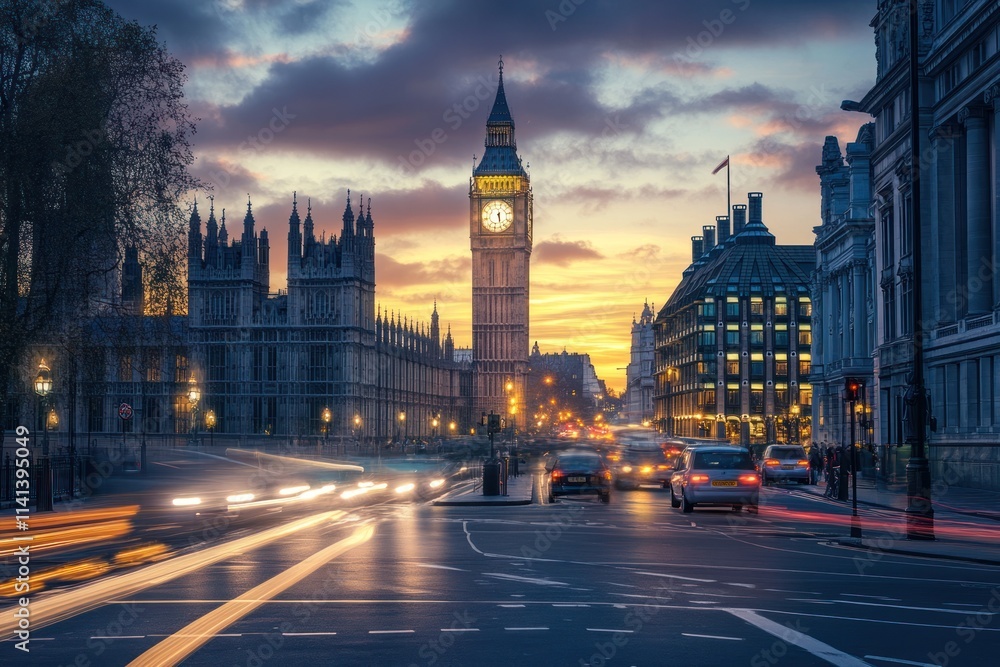 London cityscape with car trails and clock tower at sunset. London cityscape with car trails and clock tower at sunset.