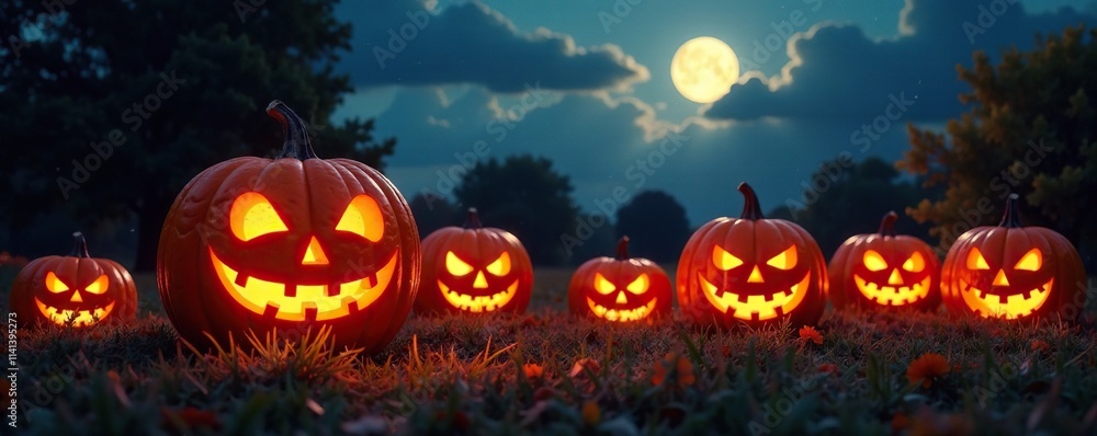 Carved jack-o-lanterns light up the darkening evening sky, night, harvest, moonlight Carved jack-o-lanterns light up the darkening evening sky, night, harvest, moonlight