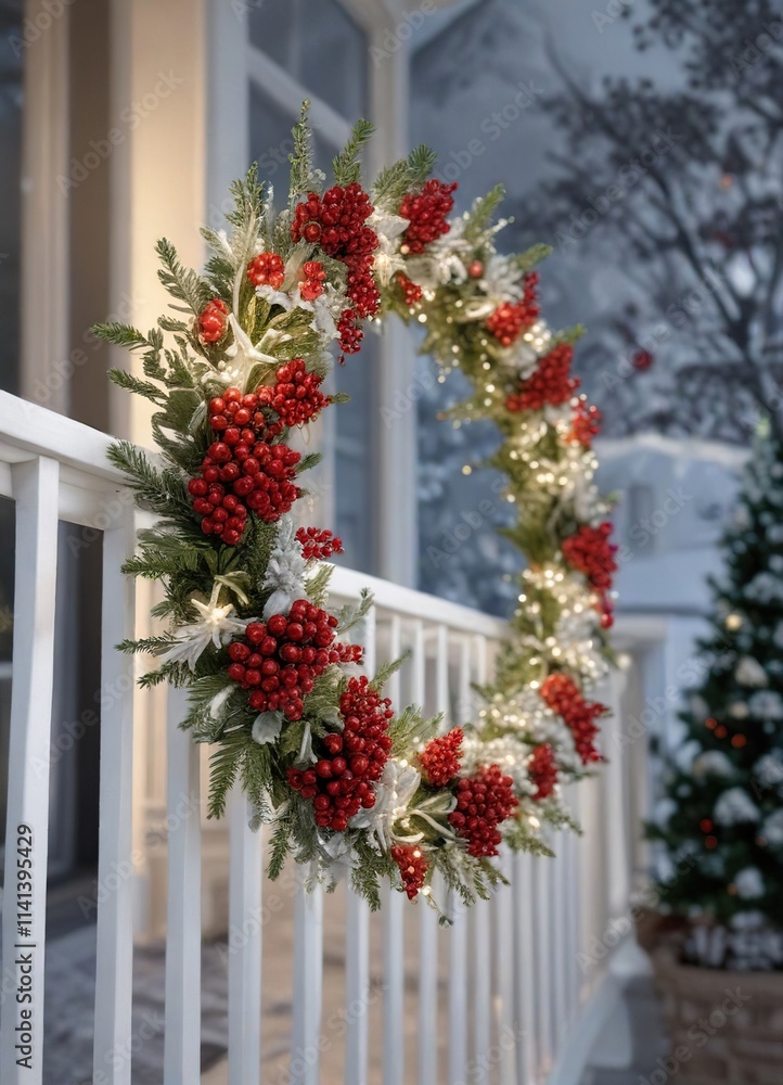 Fototapeta premium Sparkling white Christmas tree with bright red berries and a white grapevine wreath perched on a frosty railing, winter holiday decor, snow-covered railing, white christmas tree
