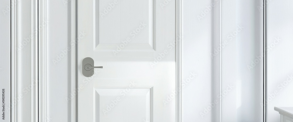 Fototapeta premium A close-up photograph of a white door with a silver doorknob, taken from a low angle. The door is centered in the frame, and the background is a plain white wall. The lighting is soft and even, castin