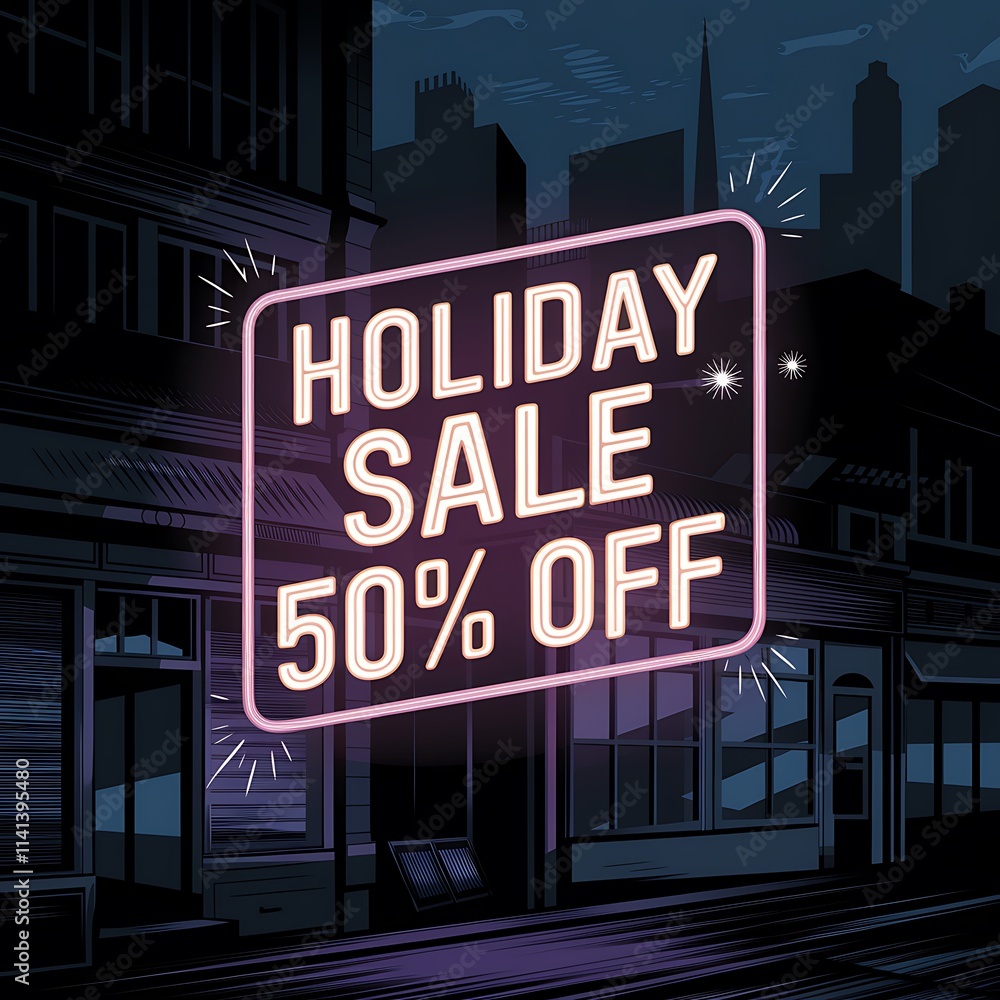 Obraz premium Holiday Sale Sign Announces Fifty Percent Off In City