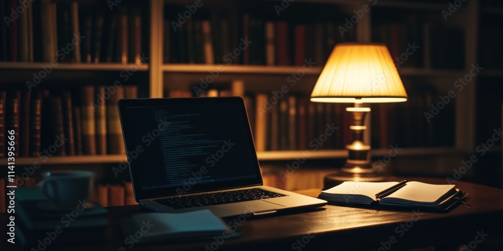 Lamp lights desk, laptop, and book in a library setting. Lamp lights desk, laptop, and book in a library setting.