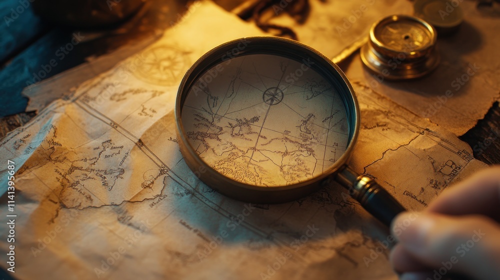 Magnifying glass examining old map with compass and tools. Magnifying glass examining old map with compass and tools.
