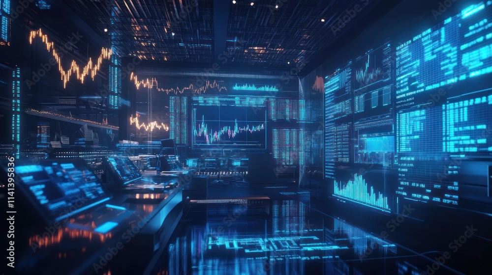 Dark room with stock market graphs and data on screens. Dark room with stock market graphs and data on screens.