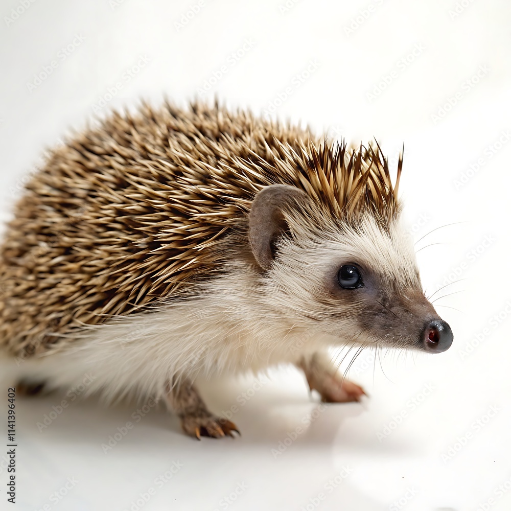 A close-up of a hedgehog on a white background, showcasing its brown spines, small eyes, and soft belly for a clean, simple look A close-up of a hedgehog on a white background, showcasing its brown spines, small eyes, and soft belly for a clean, simple look