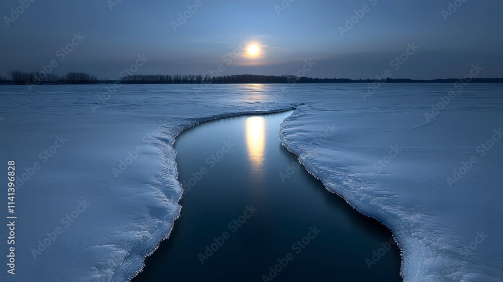 Fototapeta premium Frozen Landscape with Reflective Water at Dusk
