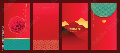 Chinese New Year 2025 hongbao red envelope design vector. Collection of Chinese festival with peony flower, mountain, pattern. Elegant oriental illustration for ang pao, cover, website, calendar, ads.