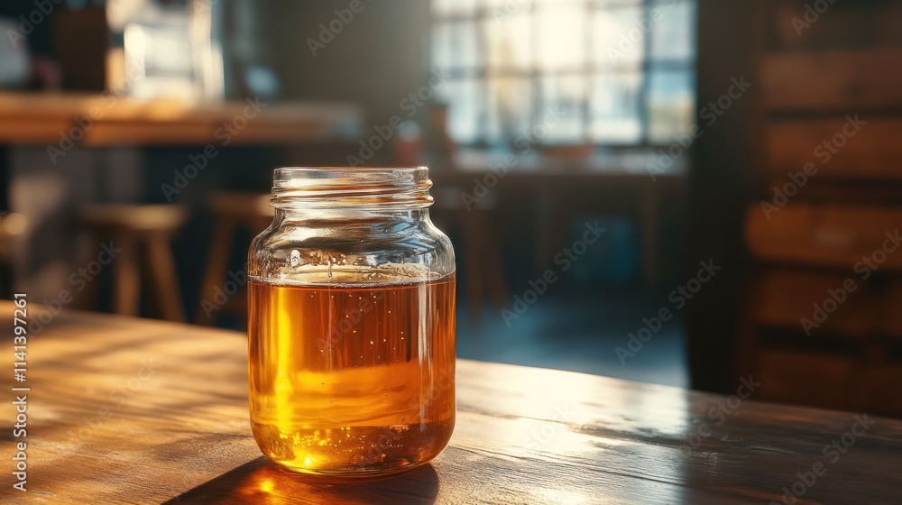 Amber liquid in glass jar on wood table, soft light. Amber liquid in glass jar on wood table, soft light.