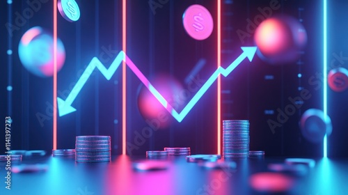 Wallpaper Mural Upward neon chart with money and globes on a dark background. Torontodigital.ca