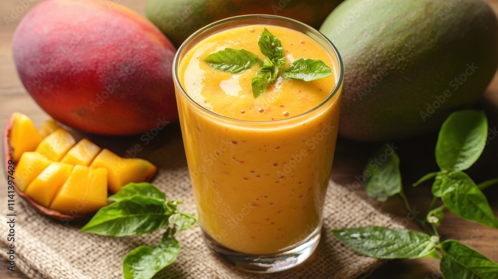 Delicious mango smoothie in a glass, garnished with basil. Perfect for websites, blogs, or recipes featuring healthy drinks and tropical fruits. Delicious mango smoothie in a glass, garnished with basil. Perfect for websites, blogs, or recipes featuring healthy drinks and tropical fruits.