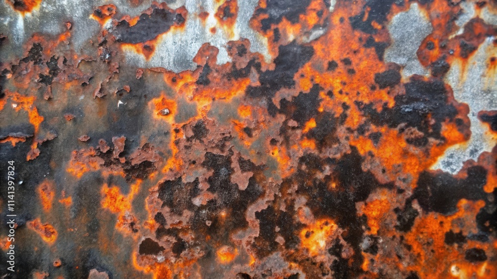 Close-up of a rusted metal surface with a fiery orange and black pattern. Close-up of a rusted metal surface with a fiery orange and black pattern.