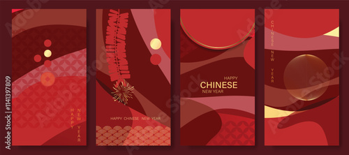 Chinese New Year 2025 hongbao red envelope design vector. Collection of Chinese festival with firecracker, wave, pattern. Elegant oriental illustration for ang pao, cover, website, calendar, ads.