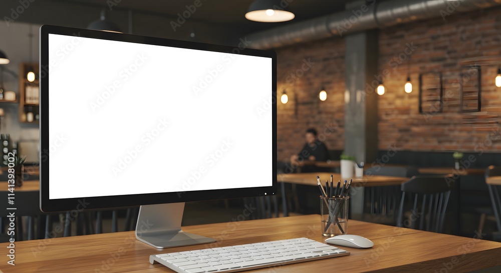 Fototapeta premium Work place concept : Mock up Blank screen computer desktop with keyboard in cafe or co-working background.