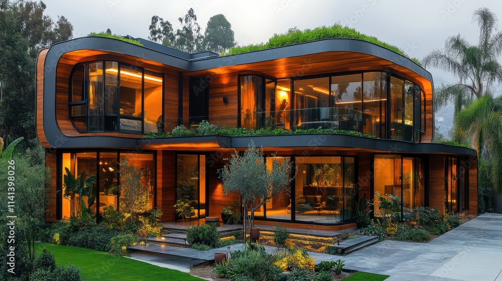 A modern house with lush greenery and large glass windows, showcasing contemporary architecture. A modern house with lush greenery and large glass windows, showcasing contemporary architecture.