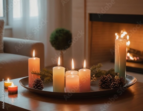 A warm, inviting display of colorful candles on a tray, creating a cozy atmosphere at home. photo