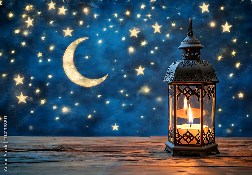 A beautiful Arabic lantern with a burning candle illuminated the star night sky. Ai generative A beautiful Arabic lantern with a burning candle illuminated the star night sky. Ai generative