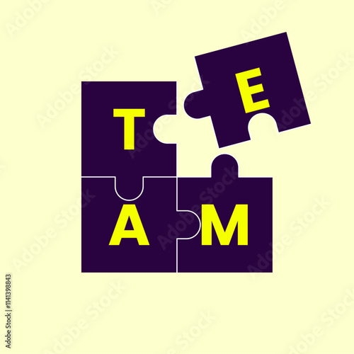 The word "TEAM" shown on interconnected purple puzzle pieces, symbolizing unity and teamwork on a light yellow background.