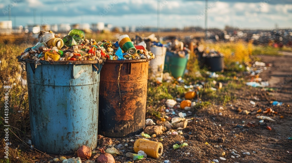 Overflowing Rusty Metal Bins Filled With Food Scraps in Field Overflowing Rusty Metal Bins Filled With Food Scraps in Field