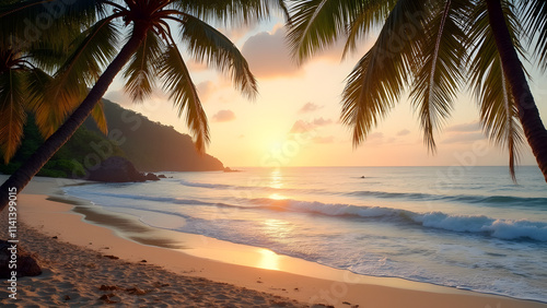 A serene image of a tropical beach at sunrise, with gentle waves lapping against the shore. Palm trees sway in the breeze, framed by soft light and subtle textures for an inviting composition.