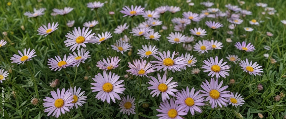 Delicate Alpine Aster blooms on a lush green lawn , grass, nature Delicate Alpine Aster blooms on a lush green lawn , grass, nature