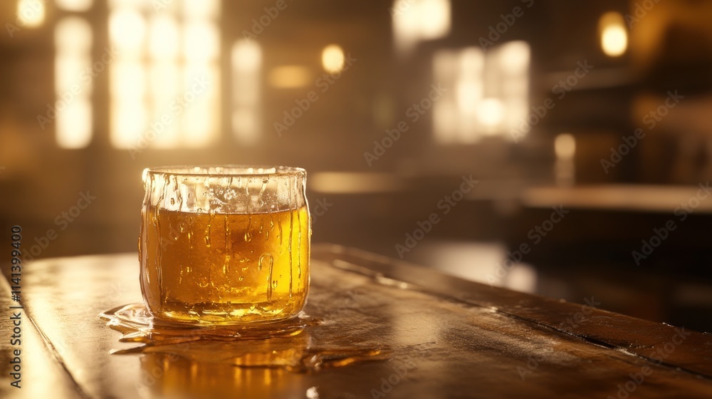 Golden liquid overflows a glass on dark wooden bar in warm, soft light. Golden liquid overflows a glass on dark wooden bar in warm, soft light.