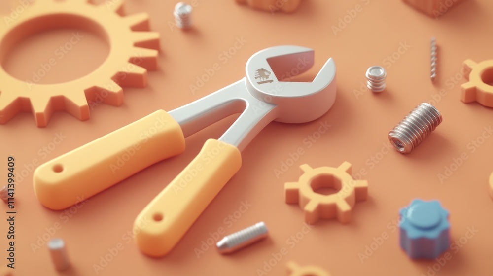 Wrench, screws, and gears scattered on orange. Wrench, screws, and gears scattered on orange.