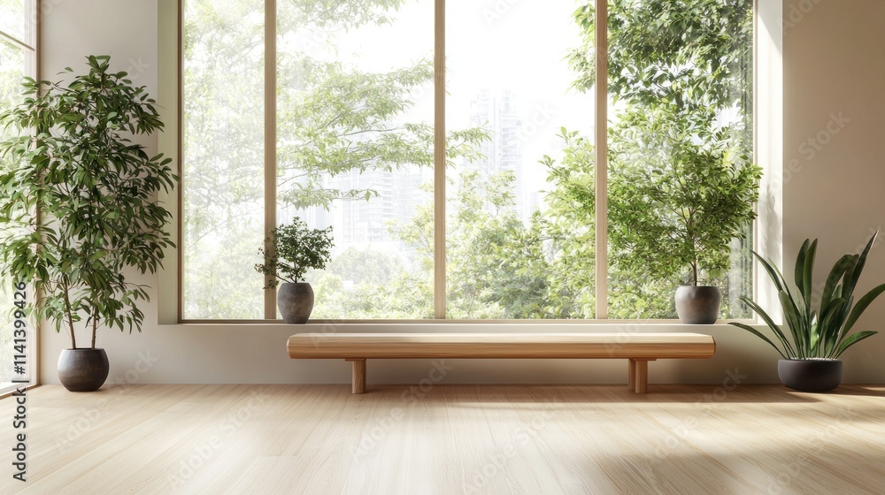 Bright room with natural light, plants, and wooden bench. Bright room with natural light, plants, and wooden bench.