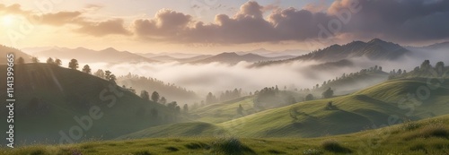 Whispy tendrils of fog creeping over rolling hills and valleys , atmospheric effects, mist