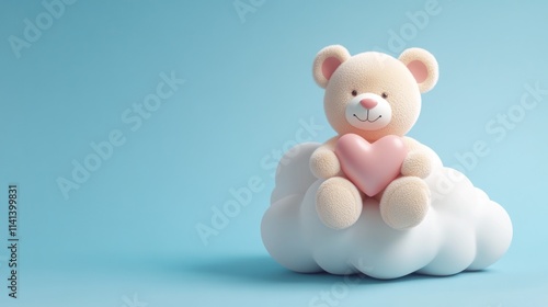 Teddy bear holds pink heart, sits on cloud against blue.