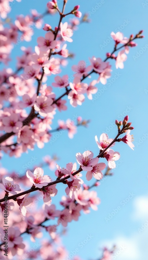 Delicate pink blossom tree branches stretching towards sky, flowers, nature Delicate pink blossom tree branches stretching towards sky, flowers, nature
