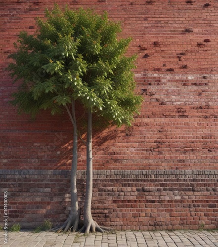 Wide-angle shot of a brick wall with red brick and a tree in the foreground , tree, nature