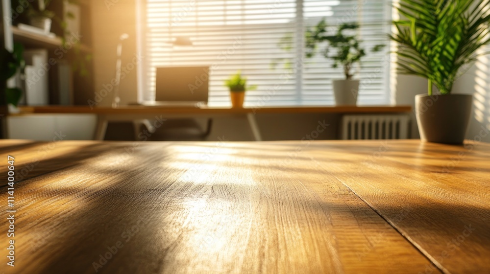 Sunlit wooden surface with office plants and laptop blurred background. Sunlit wooden surface with office plants and laptop blurred background.