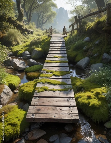 Wooden plank bridge spanning a dry riverbed overgrown with moss and lichen, architectural, plank, moss