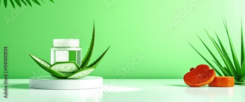 Photo of a white table with a green background. On the table, there are several items related to skincare: a white pump bottle, a small jar with a white lid, a few green aloe vera leaves, and a white  photo