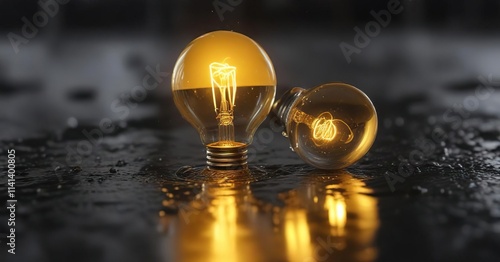 Yellow light bulb with a small puddle of water surrounding it, water, reflectivity, moisture