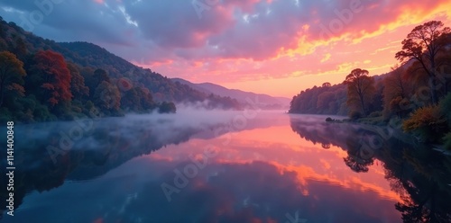 Dense fog rolls over the river's surface at twilight, sunset, river, autumn