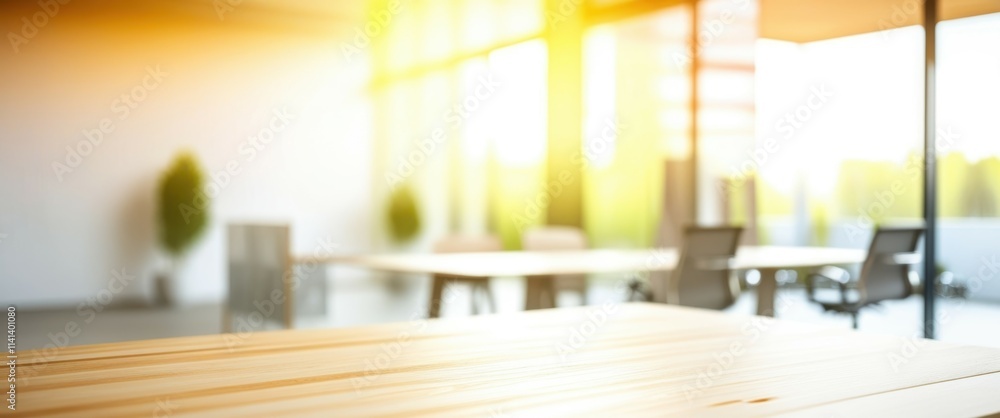 A blurry photograph of a modern office space with large windows letting in bright natural light. The foreground features a wooden table with a potted plant on the right. The background shows a few cha A blurry photograph of a modern office space with large windows letting in bright natural light. The foreground features a wooden table with a potted plant on the right. The background shows a few cha